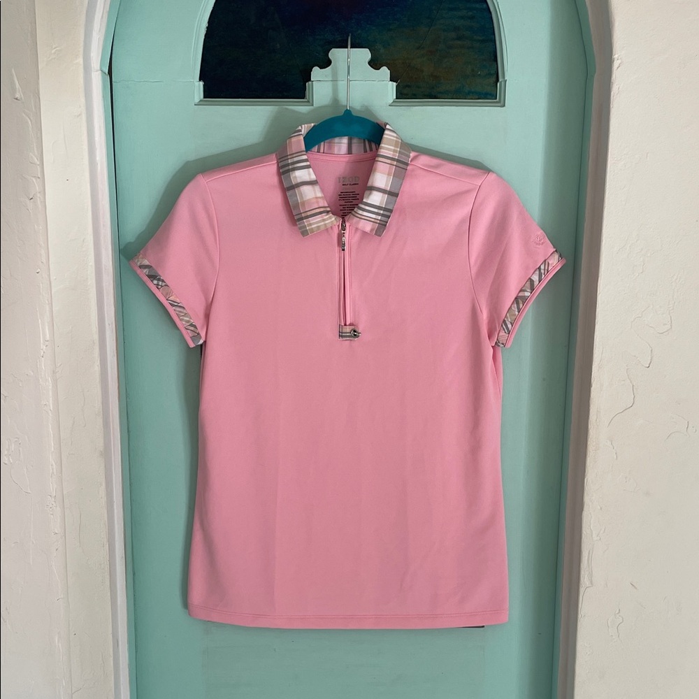 Izod Pink Polo Shirt Golf shirt with Plaid Accents
